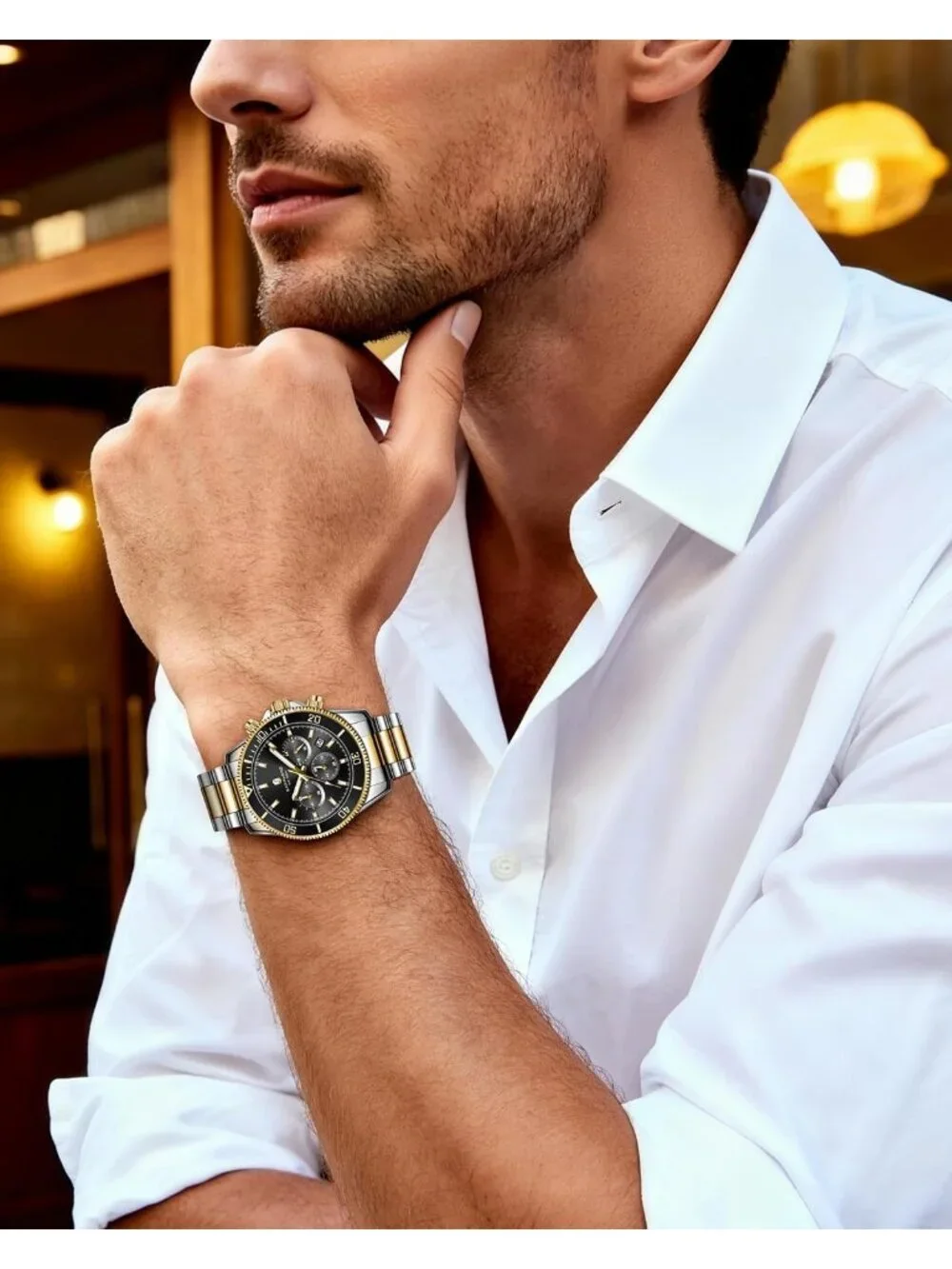 Men's Gold /Black face Chronograph Stainless Steel Waterproof Quartz Wrist Watch